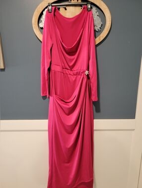Women's Rosy Red Cowl Neck Long Sleeve Waist-Cinching Draped Maxi Dress